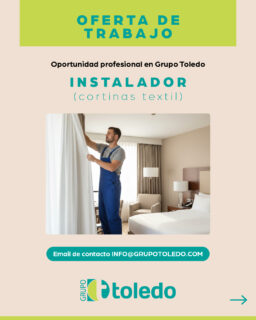 ¡Seguimos creciendo! Buscamos una persona para nuestro equipo de instalación de cortinas textiles.Si tienes experiencia, te gusta el trabajo activo y puedes viajar cuando el proyecto lo requiera, queremos conocerte.Ofrecemos jornada intensiva de mañana y contrato fijo discontinuo.Mándanos tu CV a info@grupotoledo.comComparte o etiqueta a quien pueda interesarle.