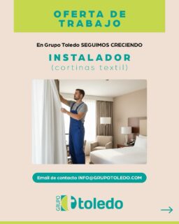 ¡𝗦𝗲𝗴𝘂𝗶𝗺𝗼𝘀 𝗰𝗿𝗲𝗰𝗶𝗲𝗻𝗱𝗼!Buscamos incorporar un/a profesional a nuestro equipo de 𝗶𝗻𝘀𝘁𝗮𝗹𝗮𝗰𝗶𝗼́𝗻 𝗱𝗲 𝗰𝗼𝗿𝘁𝗶𝗻𝗮𝘀 𝘁𝗲𝘅𝘁𝗶𝗹𝗲𝘀.Si cuentas con experiencia, te motiva un entorno de trabajo activo y tienes disponibilidad para desplazarte cuando el proyecto lo requiera, queremos conocerte.Ofrecemos jornada intensiva de mañana y contrato fijo discontinuo.Envía tu CV a info@grupotoledo.comComparte esta oferta o etiqueta a alguien a quien pueda interesarle.